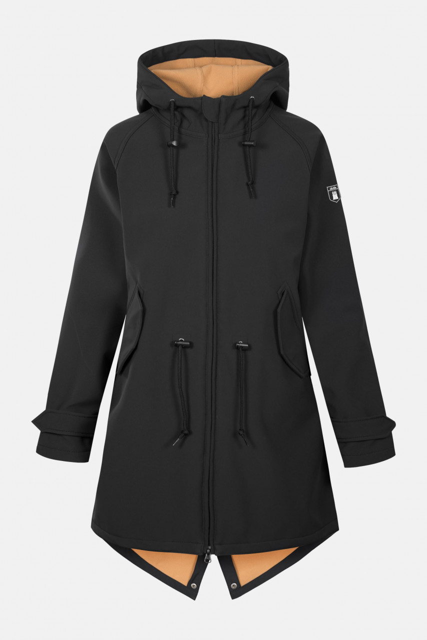 Derbe Island Friese Black Doe Damen Softshell Mantel Schwarz Ocker