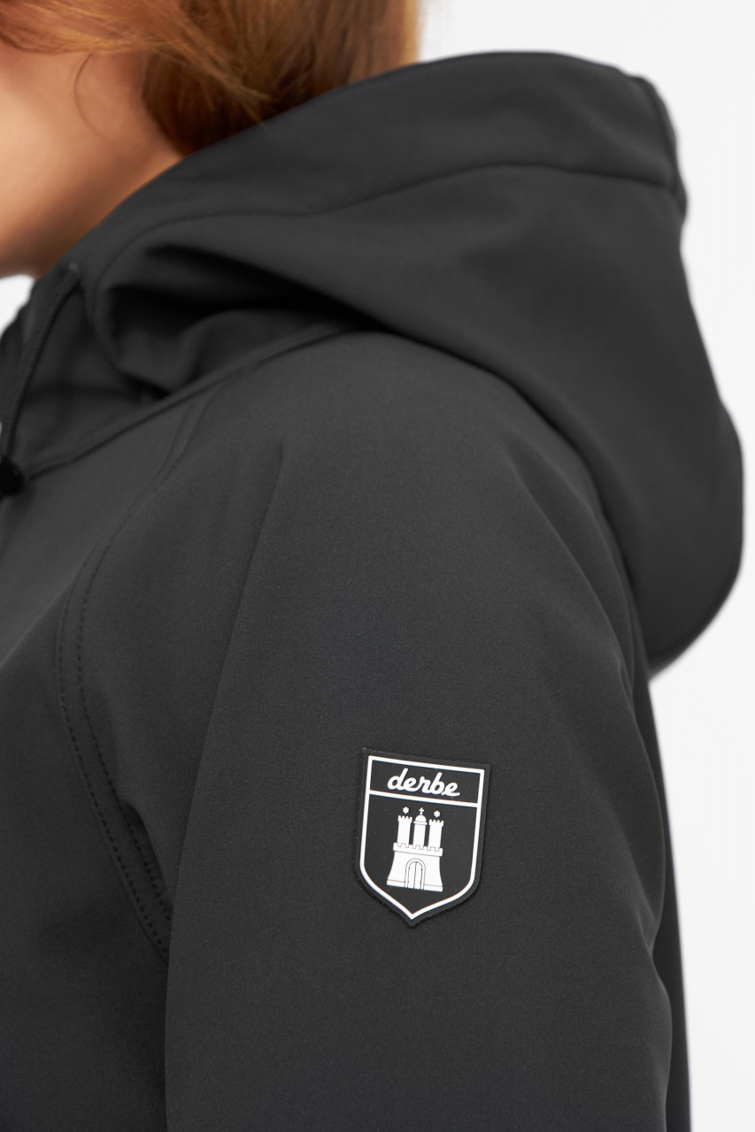 Derbe Island Friese Black Doe Damen Softshell Mantel Schwarz Ocker